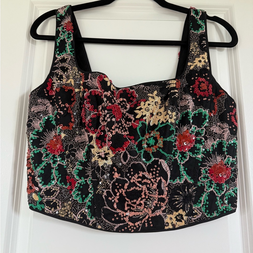 Marciano Floral Sequin Crop Top – Black Multicolor